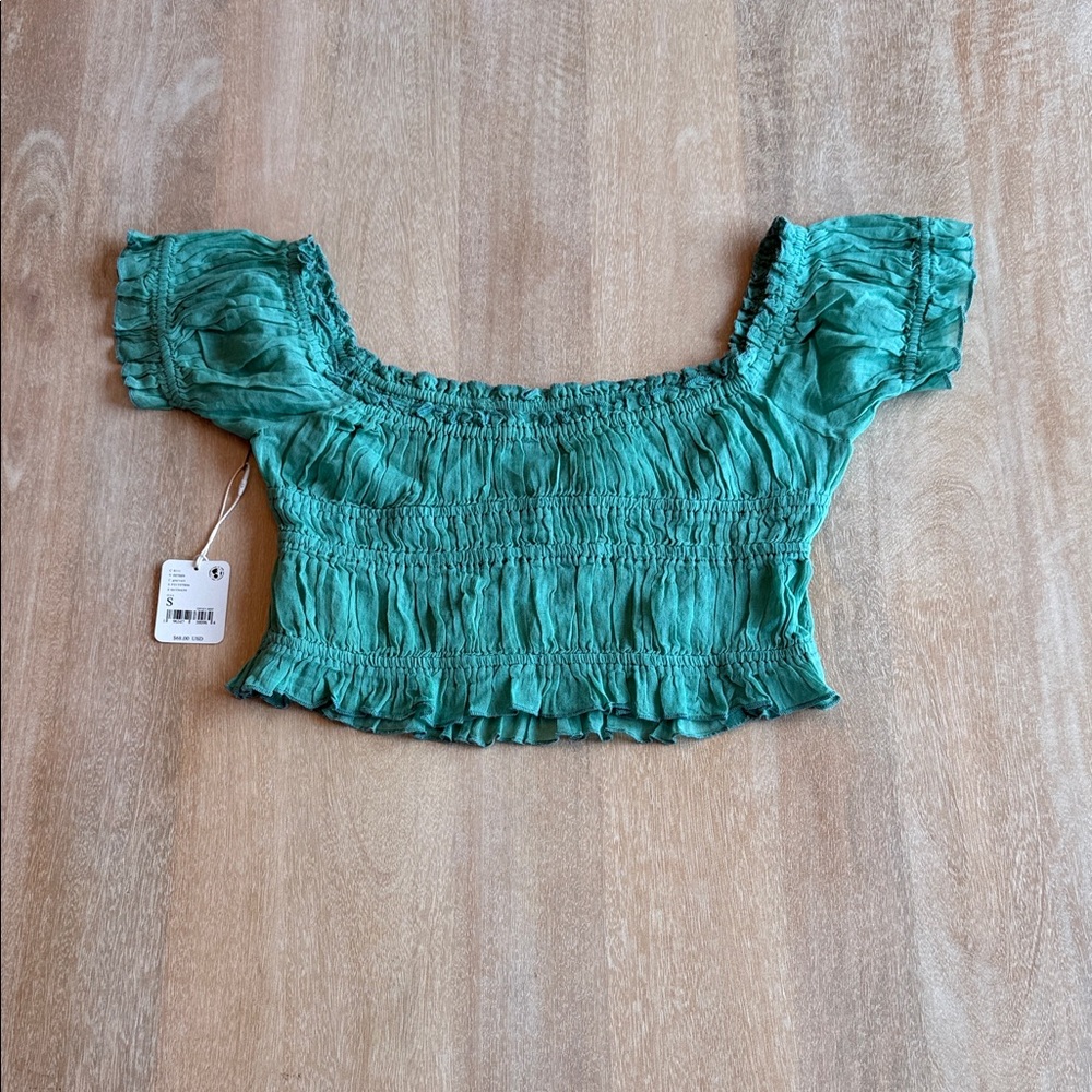 Free People Teal Green Smocked Off-Shoulder Crop Top